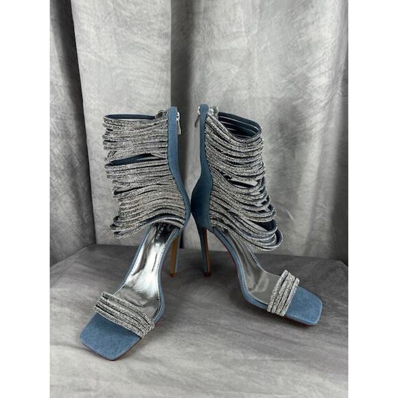Azalea Wang Cicely Embellished Gladiator Sz 8.5 Stiletto Denim Sparkles Sexy - Picture 1 of 7